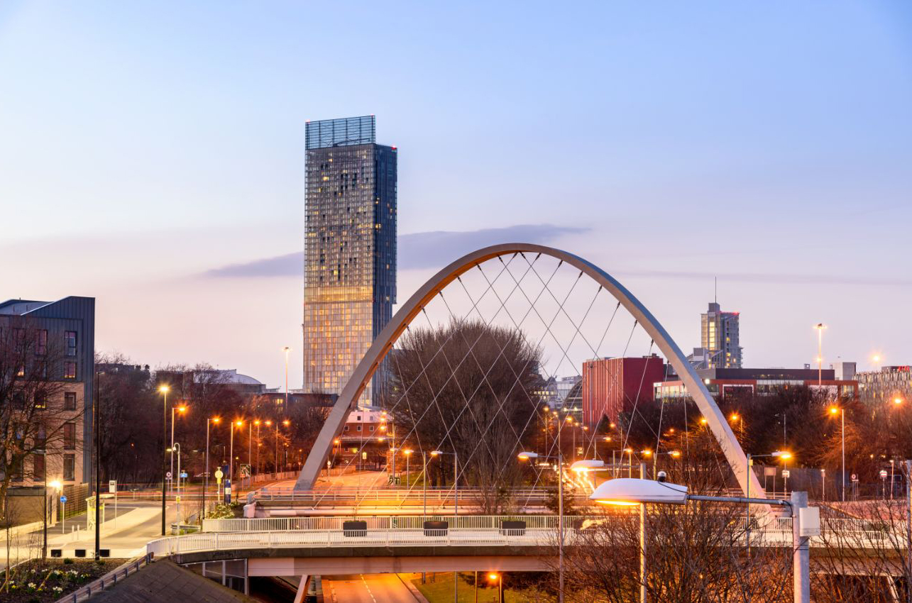 Wide view of bridge and buildings